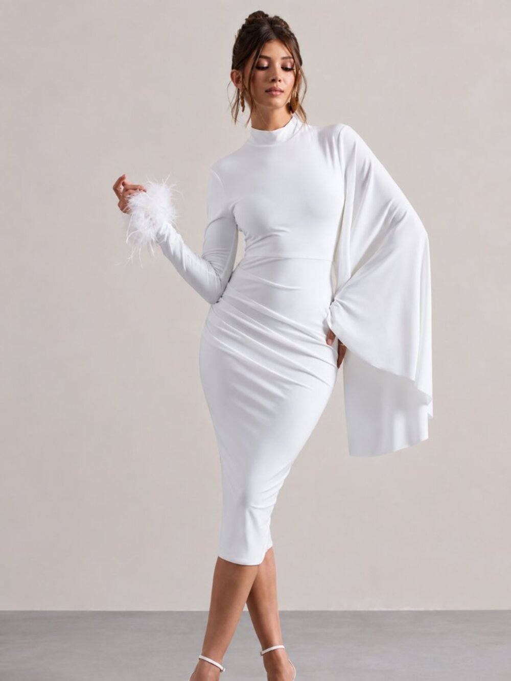 Club L London Tamika White Feather Cape Midi Dress US 12 NWT
